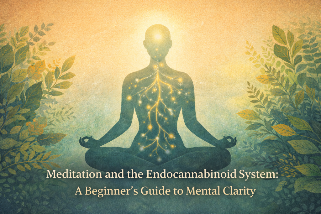 Illustration of a meditating figure with glowing internal pathways representing the endocannabinoid system, surrounded by plants symbolizing balance and mental clarity.